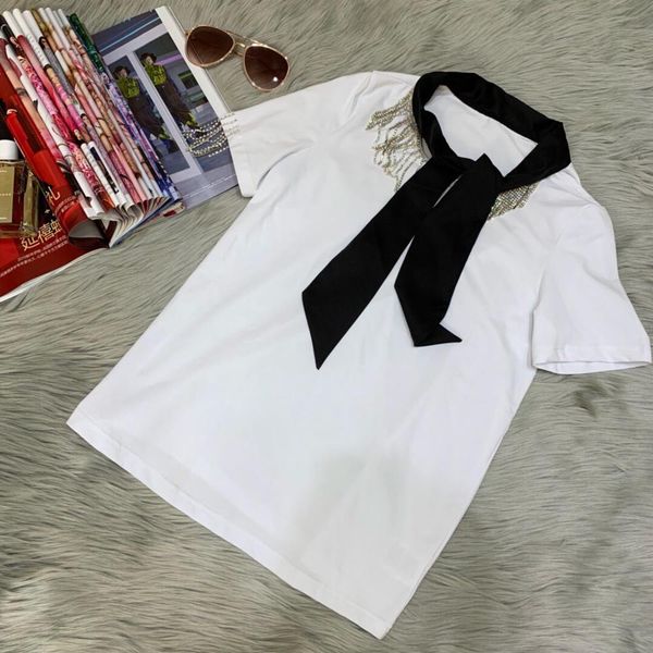 2019 summer new women diamonds tassel cotton t-shirt, White 
2019 summer new women diamonds tassel cotton t-shirt, White