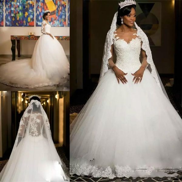 african ball gown lace wedding dresses vintage appliques illusion long sleeves plus size bridal gowns cathedral train tulle vestido de novia, White
african ball gown lace wedding dresses vintage appliques illusion long sleeves plus size bridal gowns cathedral train tulle vestido de novia, White