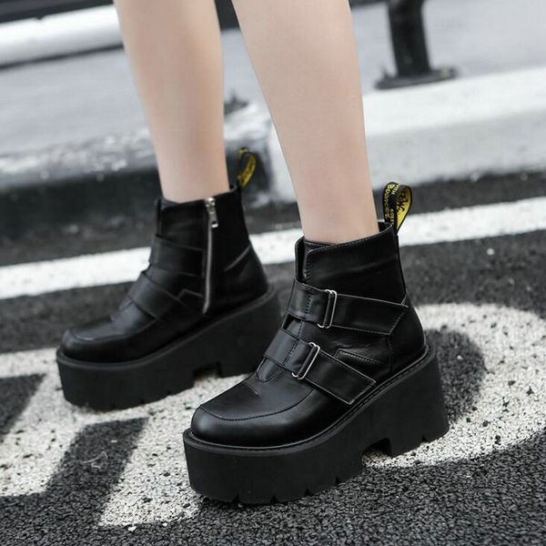 ladies round toe wedges shoes boots women punk buckle ankle boots high heels 8cm platform motorcycle a64-40, Black 
ladies round toe wedges shoes boots women punk buckle ankle boots high heels 8cm platform motorcycle a64-40, Black
