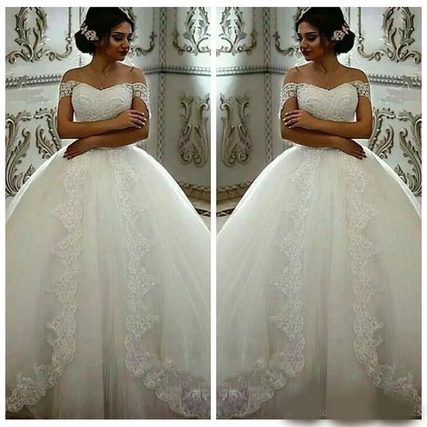 off shoulder lace appliques a-line wedding dresses formal bridal gowns modest princess vestidos de marriage custom wedding wear, White
off shoulder lace appliques a-line wedding dresses formal bridal gowns modest princess vestidos de marriage custom wedding wear, White