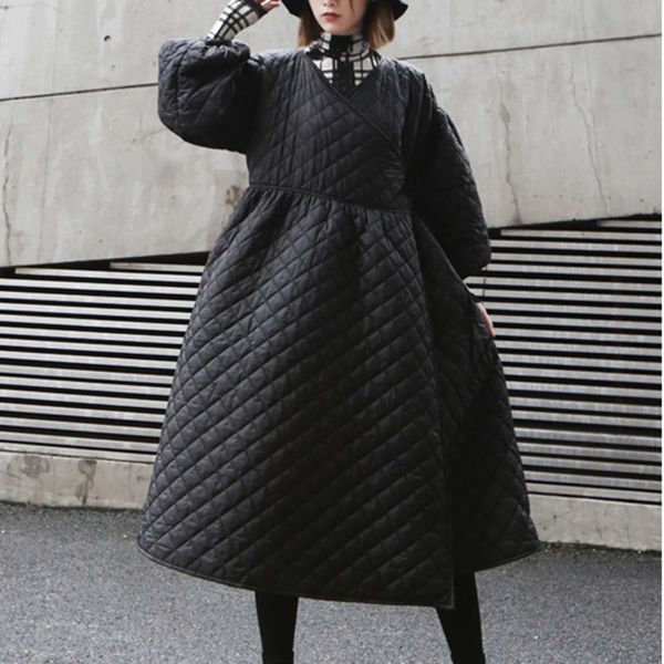 

lanmrem 2019 winter new casual fashion temperament women loose plus solid color lantern sleeves rhombic embossed long coat tc599, Tan;black