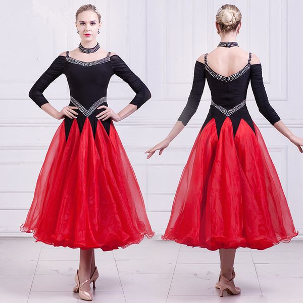 women modern dance training costumes ballroom dance dress social performance uniforms waltz tango full-skirted dress mq271, Black;red
women modern dance training costumes ballroom dance dress social performance uniforms waltz tango full-skirted dress mq271, Black;red