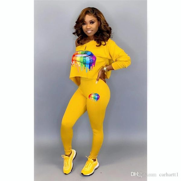 womens rainbow mouth 2pcs sets designer sloping shoulder long sleeve printed womens two pieces pants fashion solid color skinny suits, White
womens rainbow mouth 2pcs sets designer sloping shoulder long sleeve printed womens two pieces pants fashion solid color skinny suits, White
