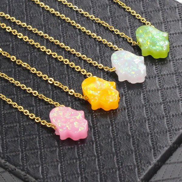 

fnixtar stainless steel gold color chain opal hamsa hand fatima pendant necklace women opal stone necklace 45cm 2piece/lot, Silver