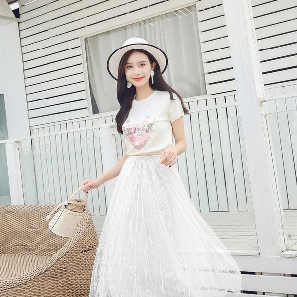 sequined hearts short sleeve fashion o-neck cotton t-shirts pullover tees+elastic high waist mesh midi skirts women summer sets, White
sequined hearts short sleeve fashion o-neck cotton t-shirts pullover tees+elastic high waist mesh midi skirts women summer sets, White