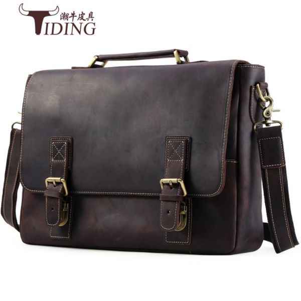 

men's briefcase crazy horse leather 2018 man vintage brown business man 17" laptravel bags male dress handbags shoulder bags