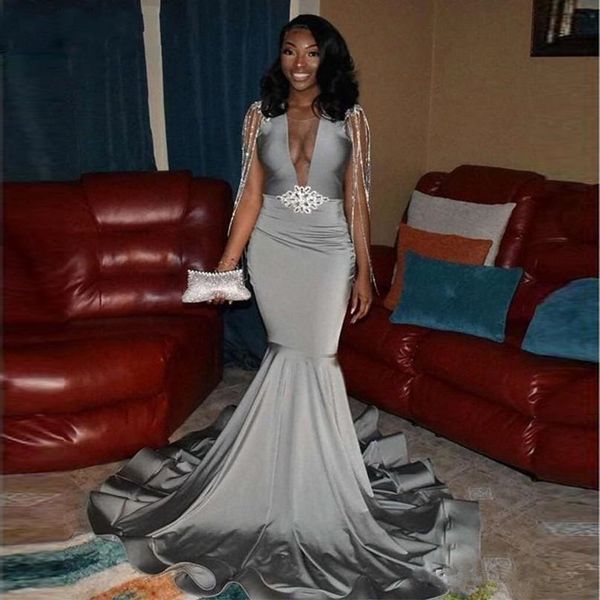 silver gray satin mermaid long prom dresses 2020 deep v neck beaded tassel sweep train formal party evening gowns for black girls
silver gray satin mermaid long prom dresses 2020 deep v neck beaded tassel sweep train formal party evening gowns for black girls
