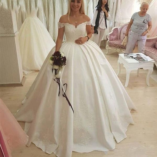 elegant appliques ball gown wedding dresses off the shoulder backless bride dresses satin sweep train wedding gowns custom made, White
elegant appliques ball gown wedding dresses off the shoulder backless bride dresses satin sweep train wedding gowns custom made, White