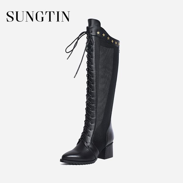 sungtin genuine leather knee-high boots women spring summer mesh lace-up long boots lady chunky high heels runway riding, Black
sungtin genuine leather knee-high boots women spring summer mesh lace-up long boots lady chunky high heels runway riding, Black