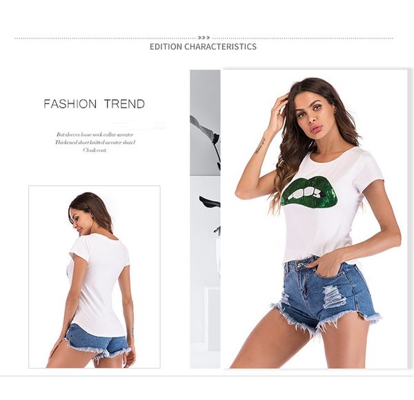 european and american style round neck short-sleeved t-shirt big lips embroidered ladies casual short sleeves, White
european and american style round neck short-sleeved t-shirt big lips embroidered ladies casual short sleeves, White