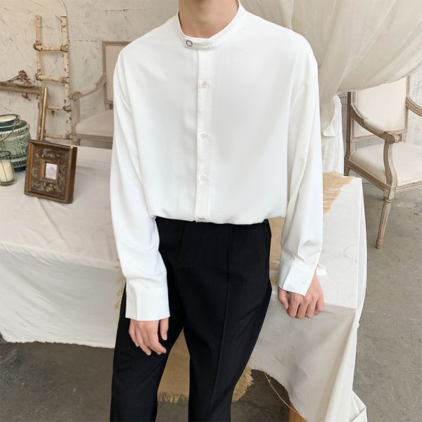 men stand collar long sleeve white business casual shirt male vintage streetwear loose party dress shirt, White;black
men stand collar long sleeve white business casual shirt male vintage streetwear loose party dress shirt, White;black
