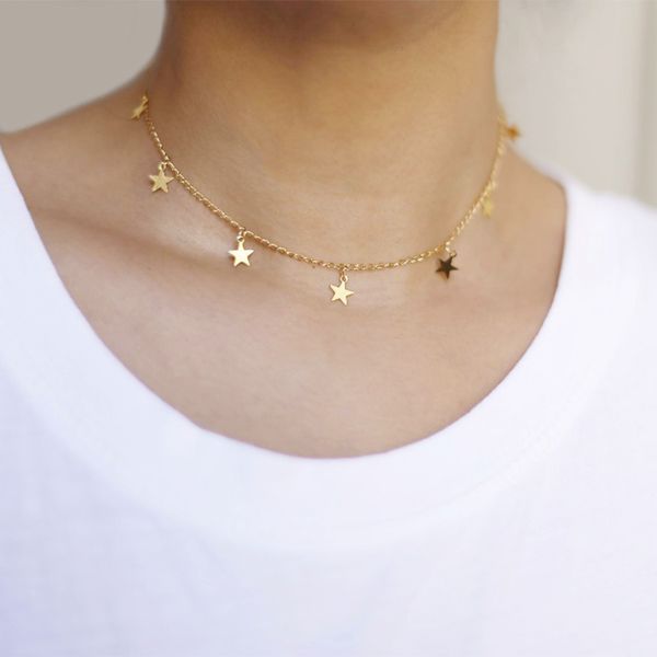 

fashion jewerly women gold silver 7 stars choker necklace pendant on neck selling bead collier femme, Golden;silver