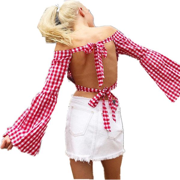 hirigin off shoulder women shirts spring style shirt flare long sleeve ladies backless plaid red blouse women fashion blouses, White
hirigin off shoulder women shirts spring style shirt flare long sleeve ladies backless plaid red blouse women fashion blouses, White