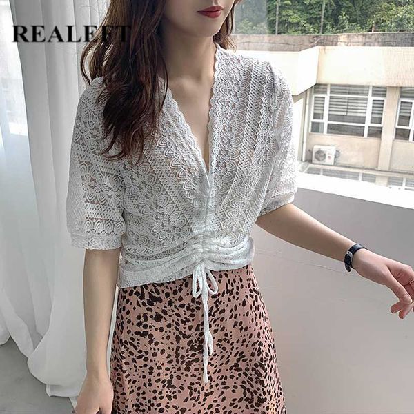realeft 2020 new hollow out lace elegant korean style chic drawstring short sleeve women's summer blouses female, White
realeft 2020 new hollow out lace elegant korean style chic drawstring short sleeve women's summer blouses female, White