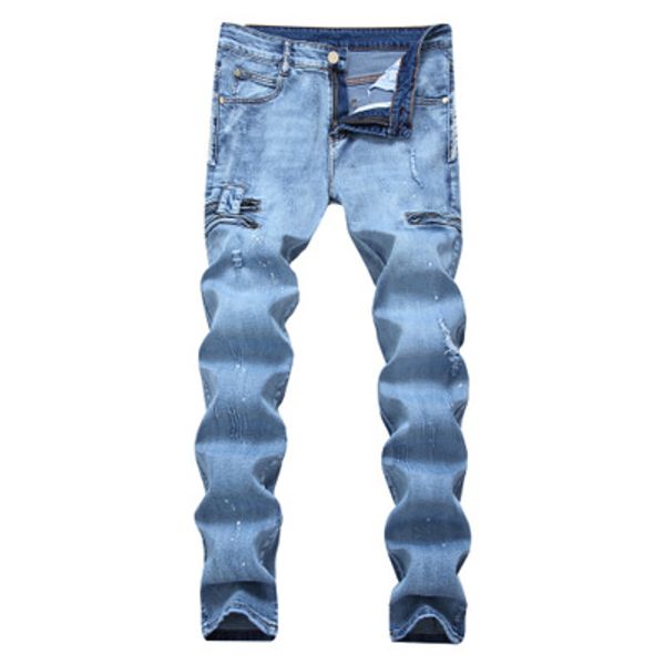 

trendy men's ripped high stretch jeans straight tube slim print splash-ink decorative zipper men's style, Blue