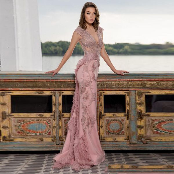 deep v-neck rose color mermaid 2019 prom dresses sleeveless sequins lace applique ruffle sheer zipper back evening party gowns, Black
deep v-neck rose color mermaid 2019 prom dresses sleeveless sequins lace applique ruffle sheer zipper back evening party gowns, Black