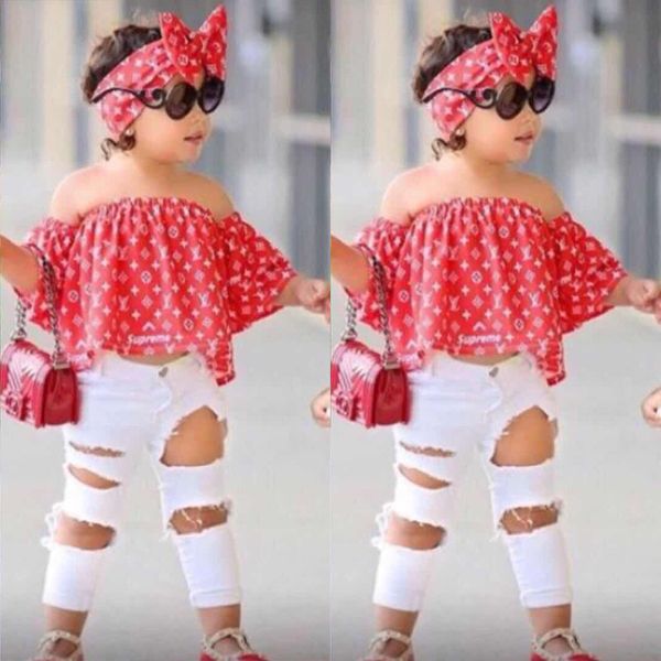 kids summer girls clothing sets off shoulder shirt+hole pants+hairband girls clothes set children clothes b11, White
kids summer girls clothing sets off shoulder shirt+hole pants+hairband girls clothes set children clothes b11, White