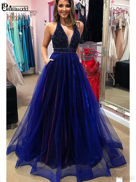 sparkly royal blue prom dresses 2020 with beading pockets a-line v-neck tulle long prom gown backless formal evening dress, Black
sparkly royal blue prom dresses 2020 with beading pockets a-line v-neck tulle long prom gown backless formal evening dress, Black