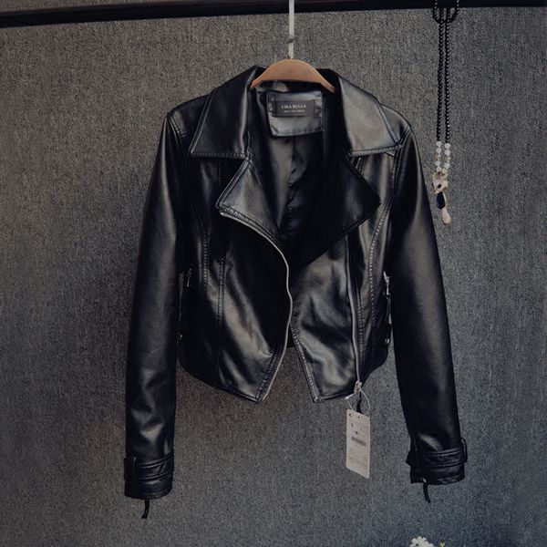 autumn women short leather coat new lapel long sleeve motorcycle leather jacket pu short slim jackets, Black
autumn women short leather coat new lapel long sleeve motorcycle leather jacket pu short slim jackets, Black
