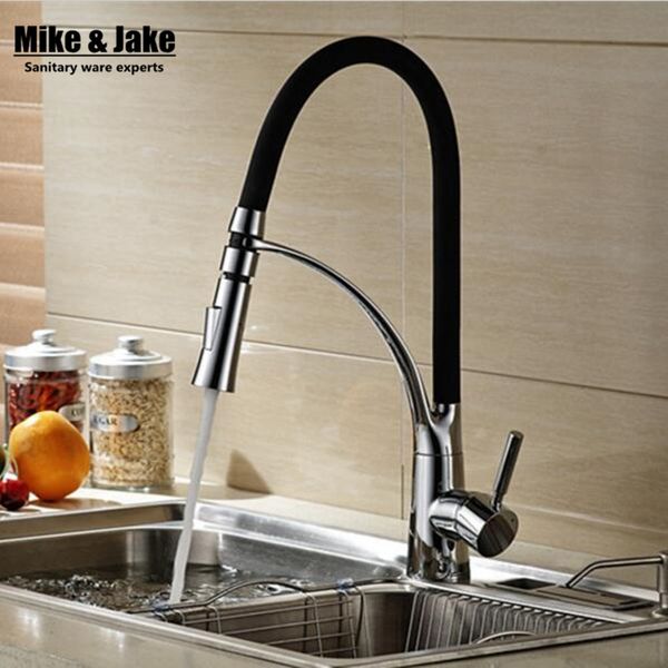 

black and chrome finish kitchen sink faucet deck mount pull out dual sprayer nozzle cold mixer water taps