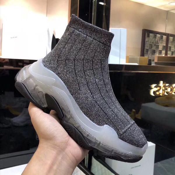 luxury women boots grey sock shoes women speed trainer sock boots slip-on transparent sole shoes mid-ladies ankle boots, Black