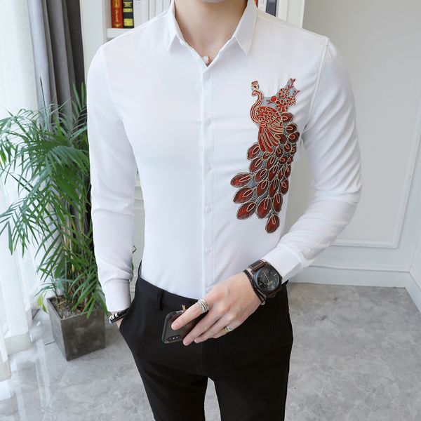 peacock embroidery shirts men designer casual slim fit long sleeve dress shirts camisa social masculina night club party clothes, White;black
peacock embroidery shirts men designer casual slim fit long sleeve dress shirts camisa social masculina night club party clothes, White;black