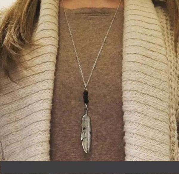 старинные лава рок бисера перо листья кисточкой длинная цепь кулон ожерелье свитер черный лава ожерелье заявление женщины ювелирные изделия, Silver