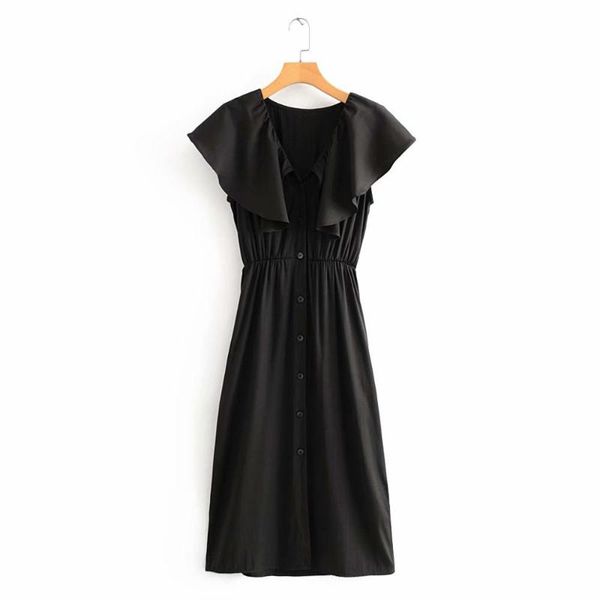 2020 women fashion v neck ruffles breasted buttons black midi dress chic sleeveless elastic waist vestidos female dresses ds3597, Black;gray
2020 women fashion v neck ruffles breasted buttons black midi dress chic sleeveless elastic waist vestidos female dresses ds3597, Black;gray