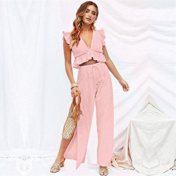 women summer flounce sleeve wide leg two-piece set crop pants v neck chiffon slit side casual vest midriff-baring, White
women summer flounce sleeve wide leg two-piece set crop pants v neck chiffon slit side casual vest midriff-baring, White