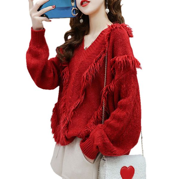autumn winter new women's sweater warm v-neck pullover tassel loose lazy wind sweater new, White;black
autumn winter new women's sweater warm v-neck pullover tassel loose lazy wind sweater new, White;black