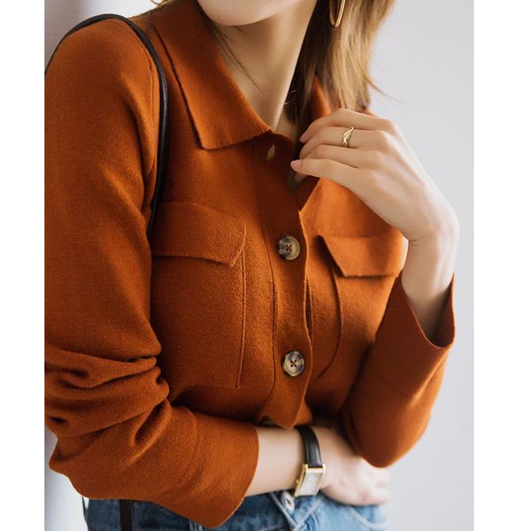 women sweater spring caramel coat lapel double pocket wool knit women coat, White
women sweater spring caramel coat lapel double pocket wool knit women coat, White