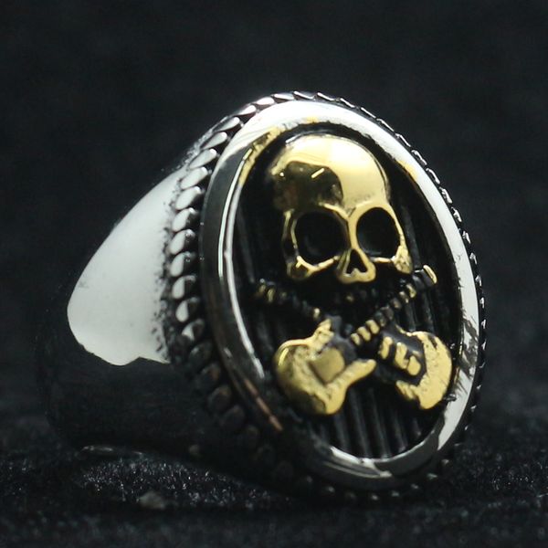 316l stainless steel cool punk gothic rock golden guitar skull silver ring, Golden;silver
316l stainless steel cool punk gothic rock golden guitar skull silver ring, Golden;silver