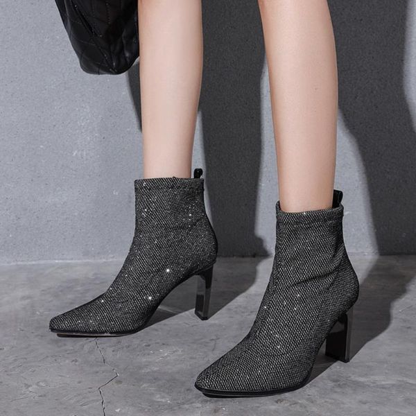 women's fashion casual crystal socks boots stretch fabric pointed toe short ladies ankle boots high heels shoes botas mujer, Black
women's fashion casual crystal socks boots stretch fabric pointed toe short ladies ankle boots high heels shoes botas mujer, Black