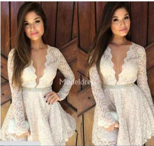 new lace homecoming dresses deep v-neck long sleeves short cocktail gowns elegant special occasion dresses formal party prom gown, Red
new lace homecoming dresses deep v-neck long sleeves short cocktail gowns elegant special occasion dresses formal party prom gown, Red