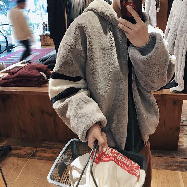 winter thickening lamb hair jacket men's warm fashion parka men contrast color casual hooded coat man loose cotton jacket male, Black 
winter thickening lamb hair jacket men's warm fashion parka men contrast color casual hooded coat man loose cotton jacket male, Black