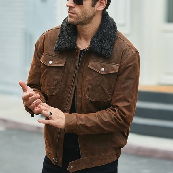 men's leather & faux winter skin bomber jacket loose vintage collar coat filled pilot, Black
men's leather & faux winter skin bomber jacket loose vintage collar coat filled pilot, Black