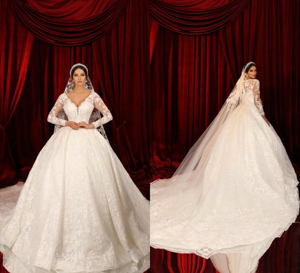 luxury ball gown wedding dresses v neck long sleeves lace appliques bridal gowns custom made button back sweep train wedding dress, White
luxury ball gown wedding dresses v neck long sleeves lace appliques bridal gowns custom made button back sweep train wedding dress, White