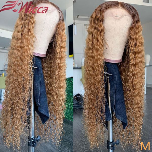 lace wigs wicca 13x6 180 density front honey blonde curly human hair pre plucked brazilian remy for women, Black;brown
