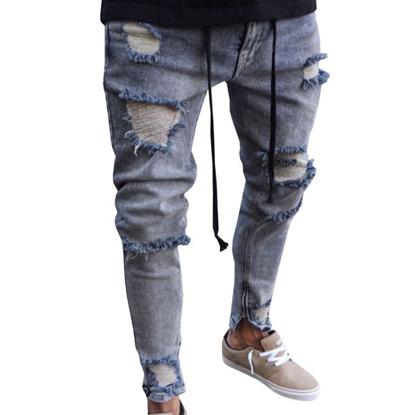 men's new fashion pure color casual mid waist slim hole ripped biker jeans summer trousers street denim long pants, Blue
men's new fashion pure color casual mid waist slim hole ripped biker jeans summer trousers street denim long pants, Blue