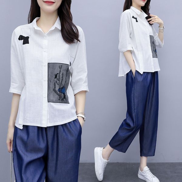 summer women set buttons blouse + wide leg pants casual sport two piece suits large plus size tracksuit matching set outfit, White
summer women set buttons blouse + wide leg pants casual sport two piece suits large plus size tracksuit matching set outfit, White