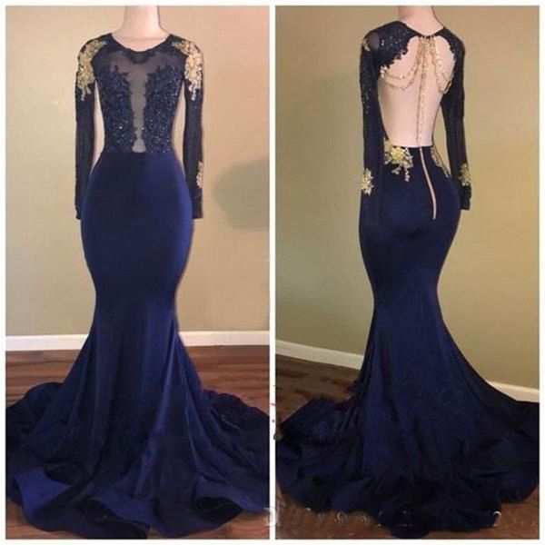 African Navy Blue Jewel Neck Backless Mermaid Prom Dresses 2019 Long Sleeves Beaded Gold Lace Applique See Though Evening Gowns
African Navy Blue Jewel Neck Backless Mermaid Prom Dresses 2019 Long Sleeves Beaded Gold Lace Applique See Though Evening Gowns
