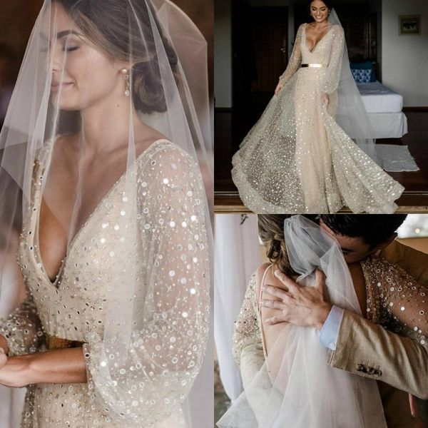 backless long sleeve a-line wedding dresses v neck beaded sequins bridal gowns with tulle overskirt robe de mariee wedding dress, White
backless long sleeve a-line wedding dresses v neck beaded sequins bridal gowns with tulle overskirt robe de mariee wedding dress, White