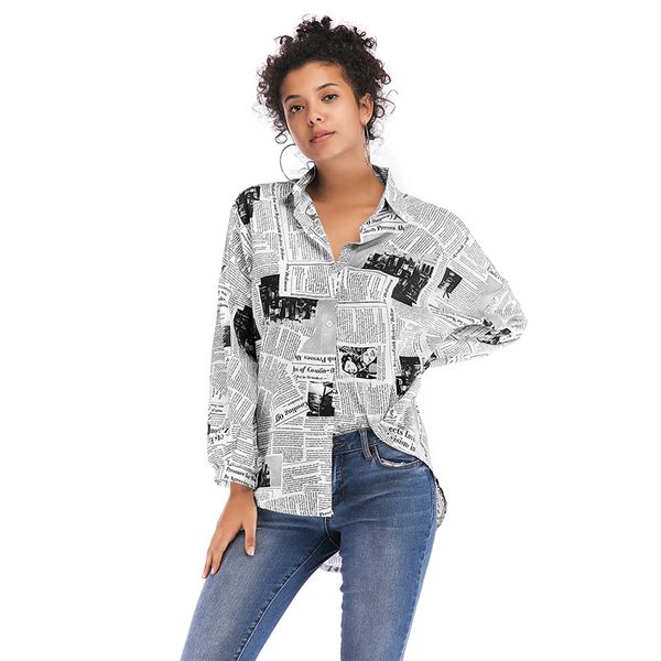 2019 fashion newspaper print women blouse shirt loose turn down collar long sleeve blouses wild casual shirts, White
2019 fashion newspaper print women blouse shirt loose turn down collar long sleeve blouses wild casual shirts, White