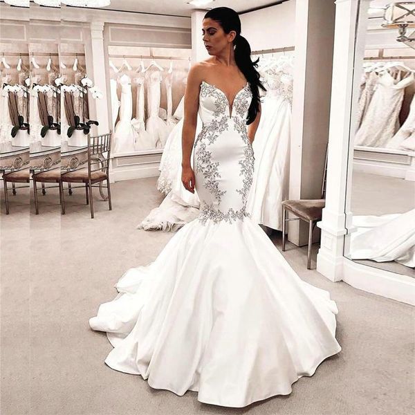 african fashion mermaid beaded wedding dresses plunging neck appliqued bridal gowns sweep train satin robes de mariée b74, White
african fashion mermaid beaded wedding dresses plunging neck appliqued bridal gowns sweep train satin robes de mariée b74, White