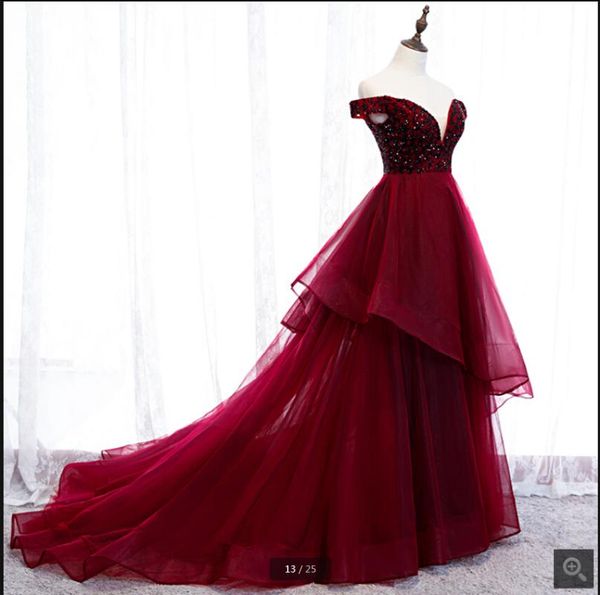 2020 real picture burgundy tulle ball gown off the shoulder prom dress beaded crystals v neck tiered court train prom gown, White;black
2020 real picture burgundy tulle ball gown off the shoulder prom dress beaded crystals v neck tiered court train prom gown, White;black