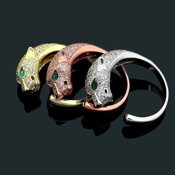 leopard full diamond open ring fashion classic leopard head green diamond couple ring, Golden;silver