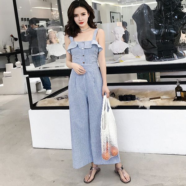 women elegant ruffles striped jumpsuits button straps wide leg rompers ladies summer casual outwear playsuits, Black;white
women elegant ruffles striped jumpsuits button straps wide leg rompers ladies summer casual outwear playsuits, Black;white