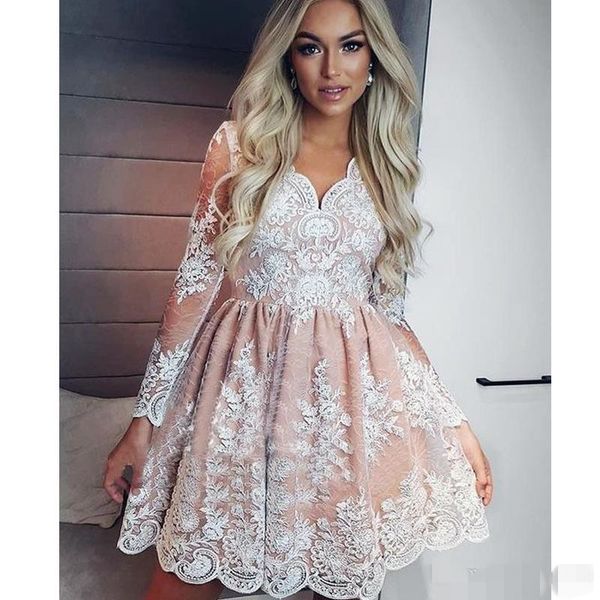 2019 long sleeves lace homecoming dresses v neck short appliqued a line graduation party prom ball gown custom made, Blue;pink
2019 long sleeves lace homecoming dresses v neck short appliqued a line graduation party prom ball gown custom made, Blue;pink
