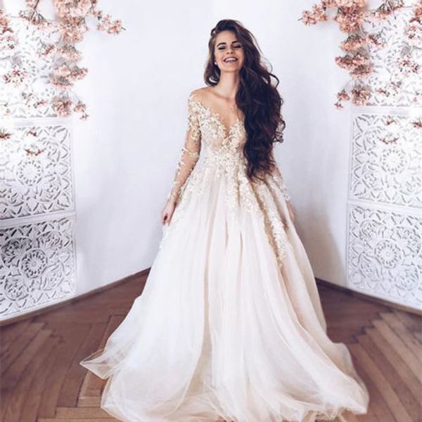 vintage lace wedding dresses sheer v neck applique long sleeve bridal gowns tulle backless sweep train wedding dress, White
vintage lace wedding dresses sheer v neck applique long sleeve bridal gowns tulle backless sweep train wedding dress, White