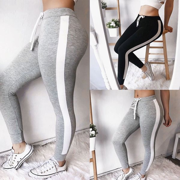women solid color side striped lace up elastic waist pants sprot wear gym running jogging leggings fitness femme trousers, Black;white
women solid color side striped lace up elastic waist pants sprot wear gym running jogging leggings fitness femme trousers, Black;white